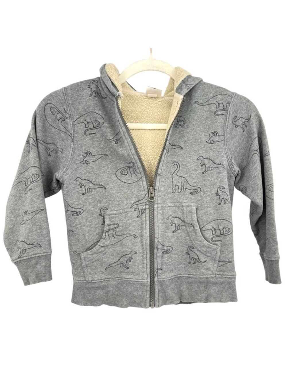 Hanna Andersson Kids Gray Dinosaur Sherpa-Lined Zip Cotton Hoodie Size 5
